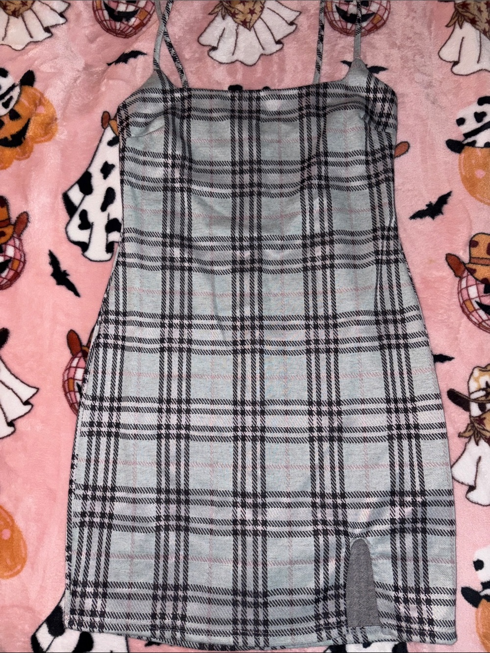 Papaya Grey Plaid Midi Dress with Thin Straps
